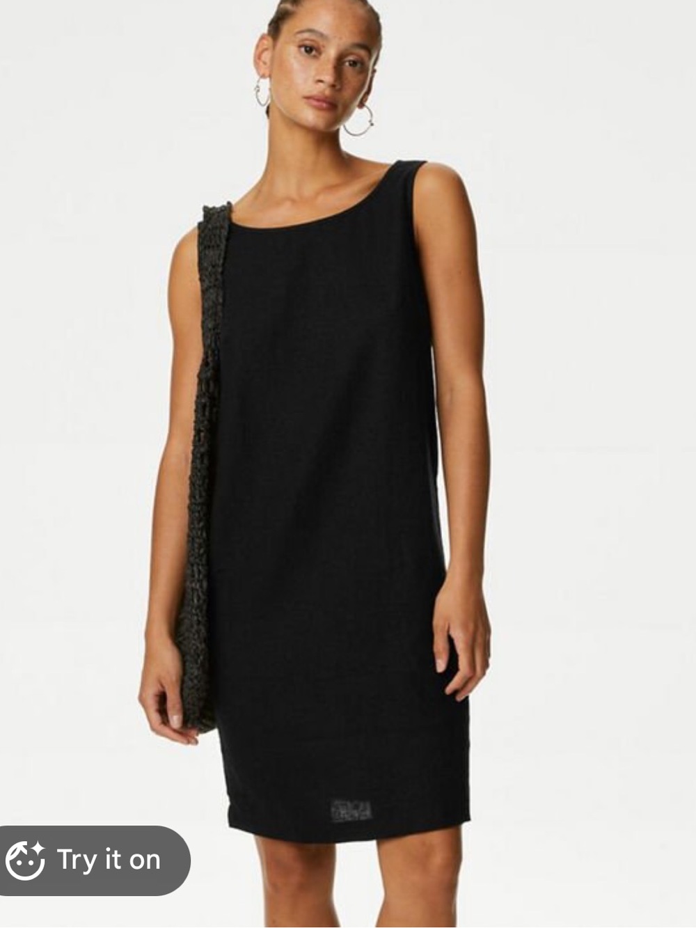 Marks & Spencer Linen Rich Black Sleeveless Shift Dress with Scoop Neck, 12